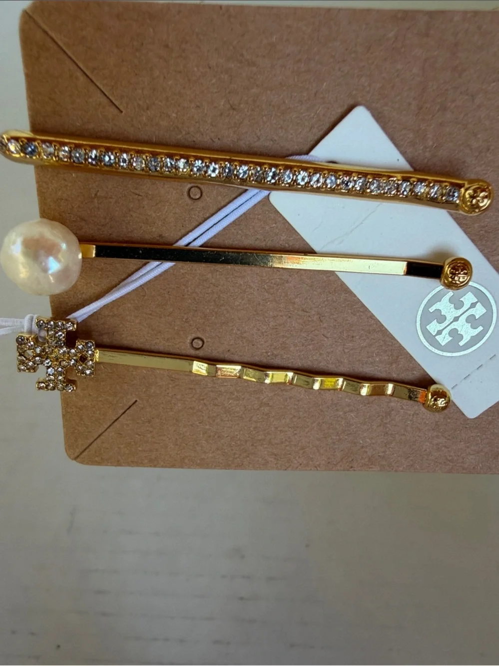 Tory Burch Gold-Tone Pearl & Crystal Hair Pin Trio